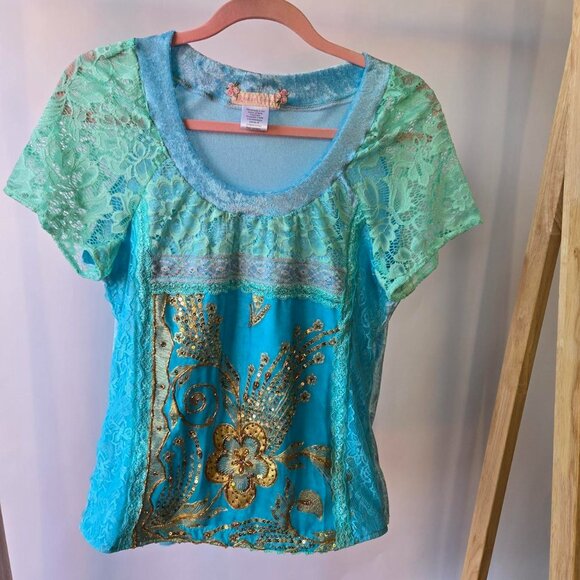 Blue Velvet and Vintage Gold Embroidered Top | Roselani Jasmin | Size Medium - Picture 4 of 8